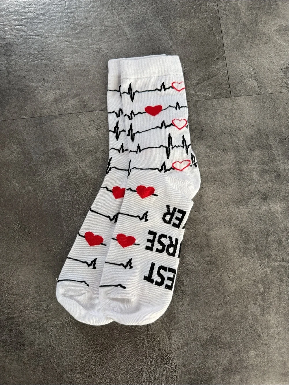 White Crew Socks with Red Heart & Black ECG Pattern